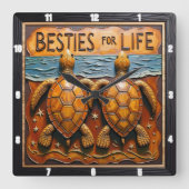 Engraved Turtle Pair Shoreline Besties Vierkante Klok (Voorkant)