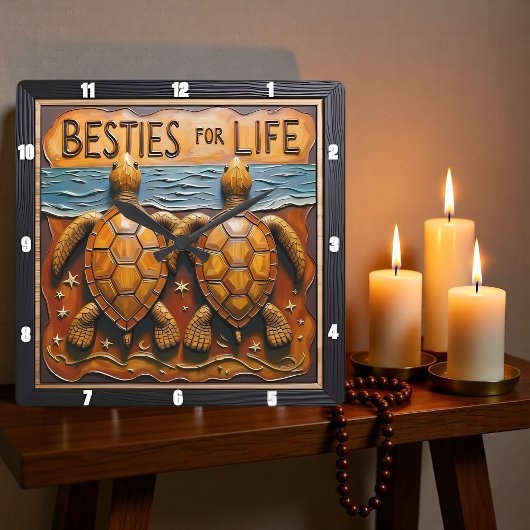 Engraved Turtle Pair Shoreline Besties Vierkante Klok