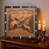 Engraved Wolf Pair Orange Mountain Vierkante Klok
