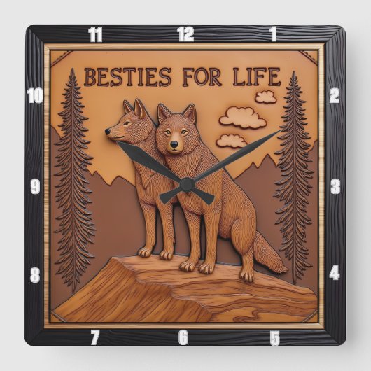 Engraved Wolf Pair Pine Forest Vierkante Klok (Voorkant)