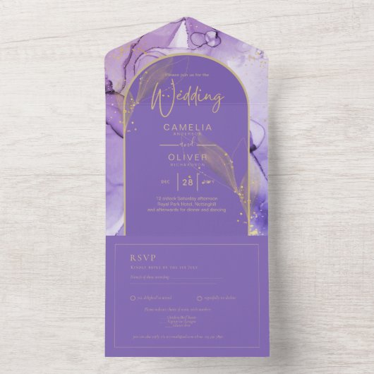 Enigmatische lavender en Gold Paarse bruilding All In One Uitnodiging (Binnen)