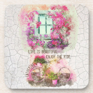 Enjoy The Ride Watercolor Bicycle With Flowers Bier Onderzetter