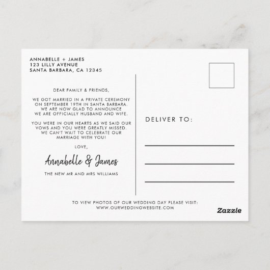 Enkel gehuwde aankondiging van het huwelijk op een briefkaart (Achterkant)