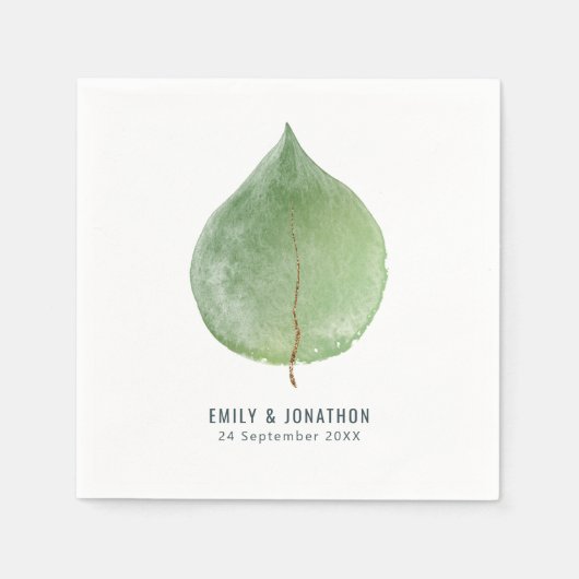 Enkel Groene Eucalyptus Blad Namen Datum Bruiloft Servet (Voorkant)