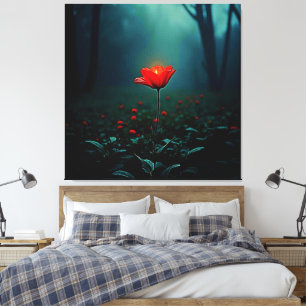 Enkele gloeiende rode bloem kunst canvas afdruk