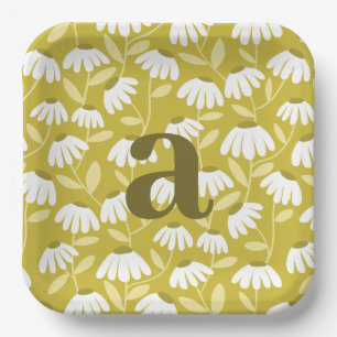 Enkele Letter Monogram Olijfgroen Bloemmotief Papieren Bordje