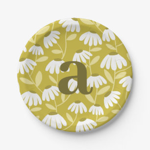 Enkele Letter Monogram Olijfgroen Bloemmotief Papieren Bordje