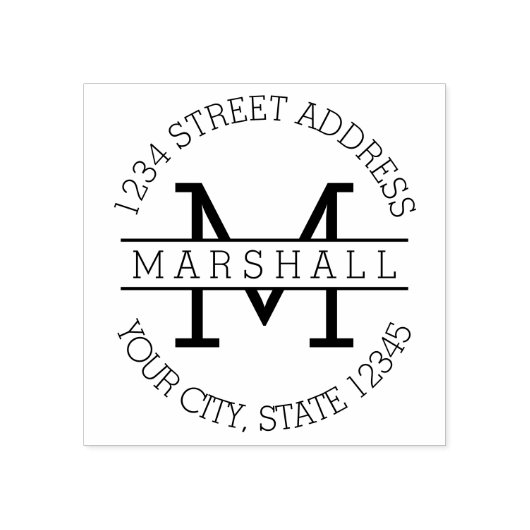 Enkelvoudig monogram met naam en retouradres 	rubberstempel (Afrduk)