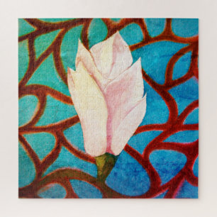 Enkelvoudige Magnolia Flower Pink Blauwgroen Sjabl Legpuzzel