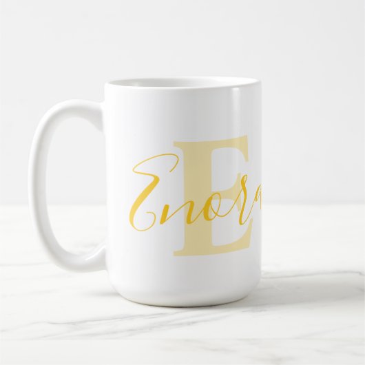 Enora text yellow name means monogram E Coffee M Koffiemok (Links)