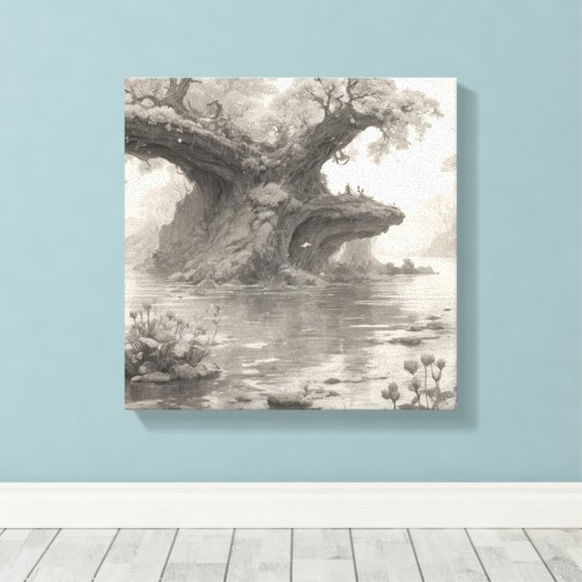 Enorme Bomen Bos & Lake Potlood Schets Kunst Canvas Afdruk (Insitu (Houten vloer))