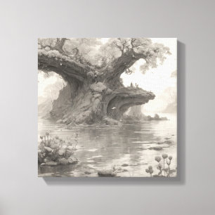 Enorme Bomen Bos & Lake Potlood Schets Kunst Canvas Afdruk