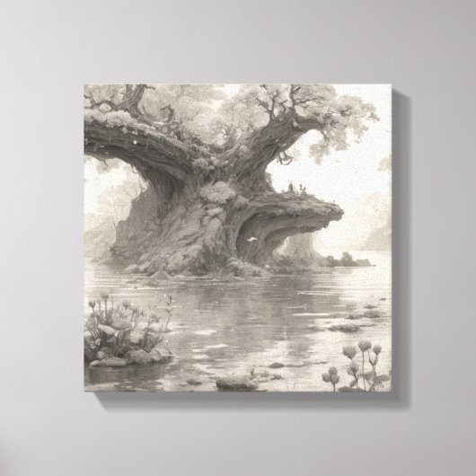 Enorme Bomen Bos & Lake Potlood Schets Kunst Canvas Afdruk (Voorkant)