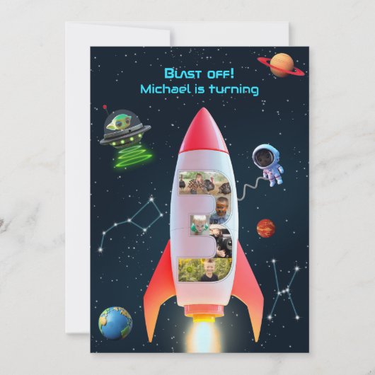 Enorme drie met foto's | Rocket Space 3e verjaarda Kaart (Voorkant)