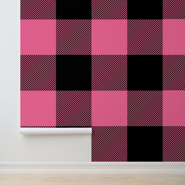 Enorme Franse Roze en Zwarte Buffel Plaid Behang (Applicatie)