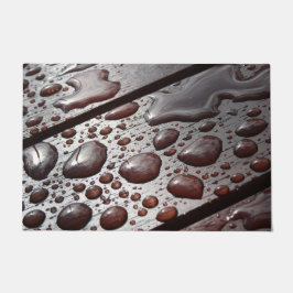 Enorme regendruppels op een houten picknicktafel deurmat