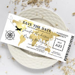Enregistrer la carte du monde de la carte d'embarq<br><div class="desc">Mariage pass embarquement enregistrer l'invitation de billet date avec une élégante feuille d'or destination plan du monde,  boussole,  avion,  et un modèle texte personnalisé.</div>