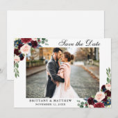 Enregistrer La Date Burgundy Blue Floral Carte pho (Devant / Derrière)