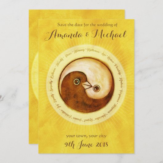 ENREGISTRER LA DATE Gold YinYang doves carte maria (Devant / Derrière)