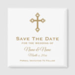 Enregistrer La Date Mariage Magnet : Croix Religie<br><div class="desc">Christian Cross personnalisé Enregistrer le mariage de date aimant en blanc avec lettrage or. Le texte est entièrement personnalisable. La couleur Arrière - plan peut être modifiée. Conçu par Heard_.</div>