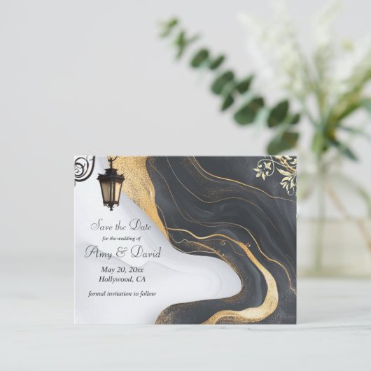 Enregistrer la date mariage noir et or faire-part (Debout devant)