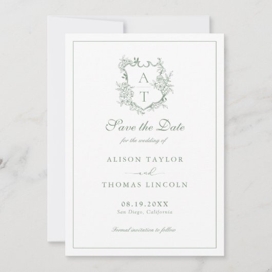 Enregistrer la date Monogram Crest Sage Carte vert (Devant)