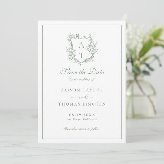 Enregistrer la date Monogram Crest Sage Carte vert (Debout devant)