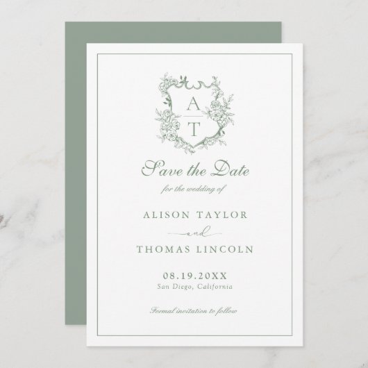 Enregistrer la date Monogram Crest Sage Carte vert (Devant / Derrière)