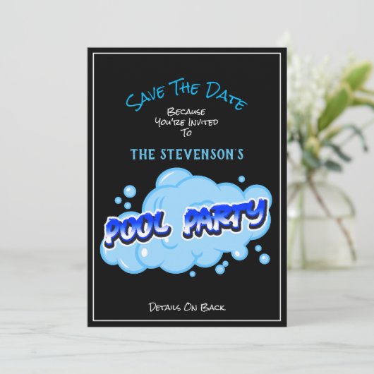 Enregistrer la date Pool Invitation Bleu bulles (Debout devant)