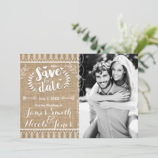 Enregistrer la date Rustic Burlap Photo Invitation (Debout devant)
