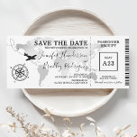 Enregistrer le billet Carte du monde de la carte d<br><div class="desc">Mariage pass embarquement enregistrer l'invitation de billet de date avec une élégante carte du monde de destination en feuille d'argent,  boussole,  avion,  et un modèle texte personnalisé.</div>