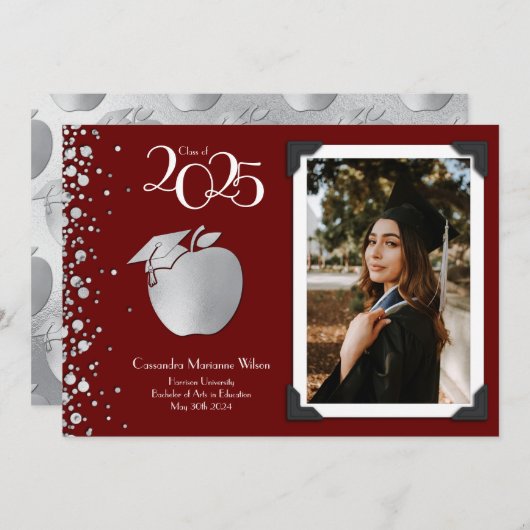 Enseignant Éducation Silver Graduation Faire-part (Devant / Derrière)