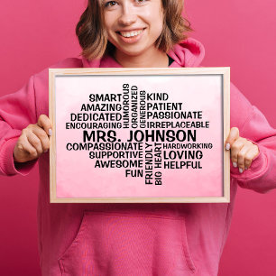 Enseignant Word Cloud Nom Pink Ombre Poster