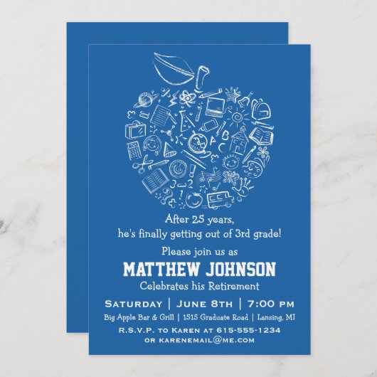 Enseignants Apple Retraite Party Invitation - Bleu (Devant / Derrière)
