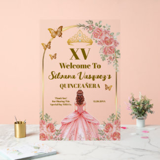 Enseigne de bienvenue rose et or pour Quinceanera