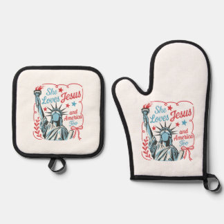 Ensemble De Gant De Cuisine Et De Manique 4 juillet Elle aime Jésus et l'Amérique aussi Chri
