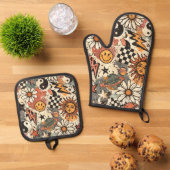 Ensemble De Gant De Cuisine Et De Manique 90s Happy Faces Sun Flowers Pattern (De haut en bas)