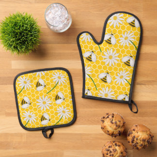 Ensemble De Gant De Cuisine Et De Manique Abeilles de miel, abeilles et marguerites
