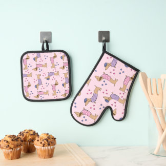 Ensemble De Gant De Cuisine Et De Manique Adorable Dachshund & Coeurs sur rose