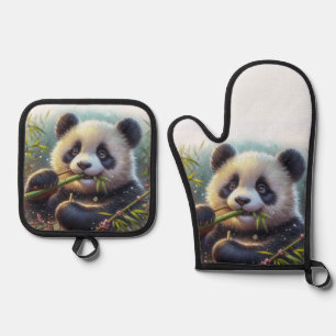 Ensemble De Gant De Cuisine Et De Manique Adorable Ours De Panda Mangeant Bambou