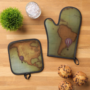 Ensemble De Gant De Cuisine Et De Manique Aéronef au-dessus de l'Hemishphere Steampunk Carte