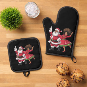 Ensemble De Gant De Cuisine Et De Manique African Père Noël Mme Claus Dansant Noël américain