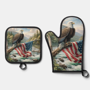 Ensemble De Gant De Cuisine Et De Manique Aigle Balle Et Drapeau Sur La Branche De L'Arbre