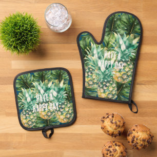 Ensemble De Gant De Cuisine Et De Manique Aiguilles Feuilles tropicales bleues