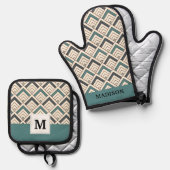 Ensemble De Gant De Cuisine Et De Manique Ajouter votre initiale | Motif géométrique Turquoi (Recto/Verso)