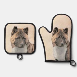 Ensemble De Gant De Cuisine Et De Manique Akita Américain Japonais Inu Sable Peinture Chien 