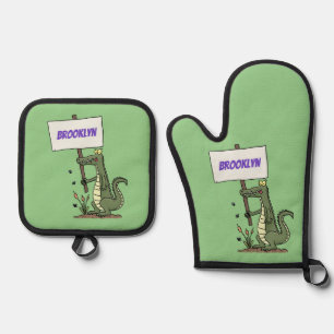 Ensemble De Gant De Cuisine Et De Manique Aligator de crocodile drôle avec dessin animé