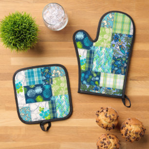 Ensemble De Gant De Cuisine Et De Manique Aloha Patchwork Hawaiian Tropical Prints Turquoise
