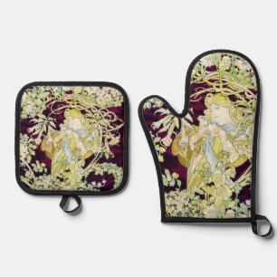 Ensemble De Gant De Cuisine Et De Manique Alphonse Mucha Femme au marguerite Art nouveau Art