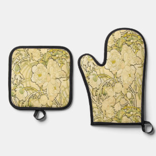 Ensemble De Gant De Cuisine Et De Manique Alphonse Mucha Pivoines Motif Floral Art Nouveau